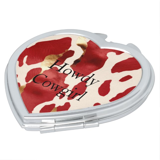 Cream Red Gold Western Cowhide Howdy Compact Mirror (Turned)
