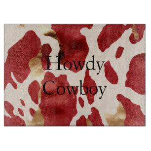 Cream Red Gold Western Cowhide Howdy Cutting Board