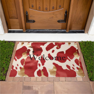 Cream Red Gold Western Cowhide Howdy Doormat