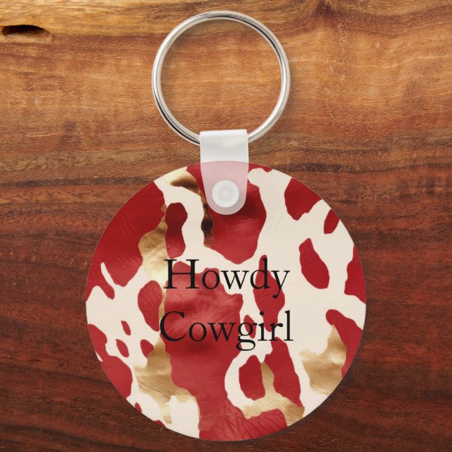 Cream Red Gold Western Cowhide Howdy Keychain (Front)