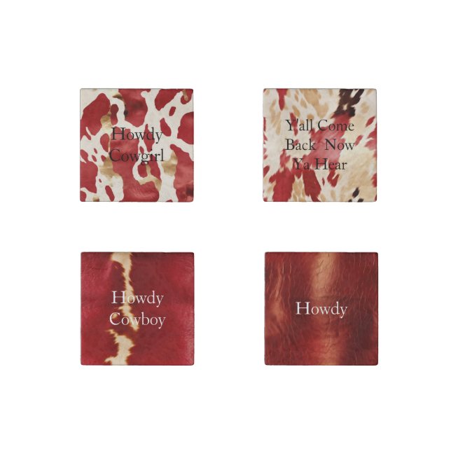 Cream Red Gold Western Cowhide Howdy Stone Magnet (Front)