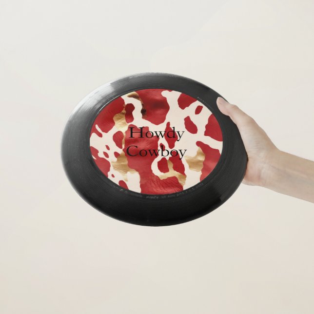 Cream Red Gold Western Cowhide Howdy Wham-O Frisbee (In Hand)