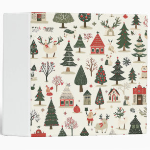 Cream Red Green Folk Art Winter Animal Pattern 3 Ring Binder