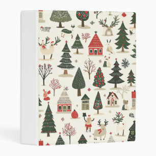 Cream Red Green Folk Art Winter Animal Pattern Mini Binder