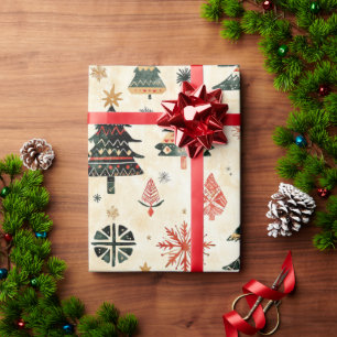 Cream Red Green Western Christmas Trees Wrapping Paper