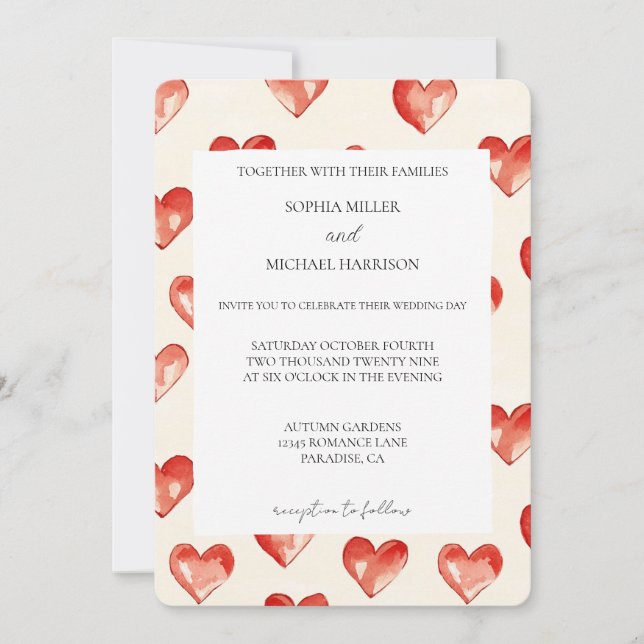 Cream Red Hearts Love Wedding Invitation (Front)