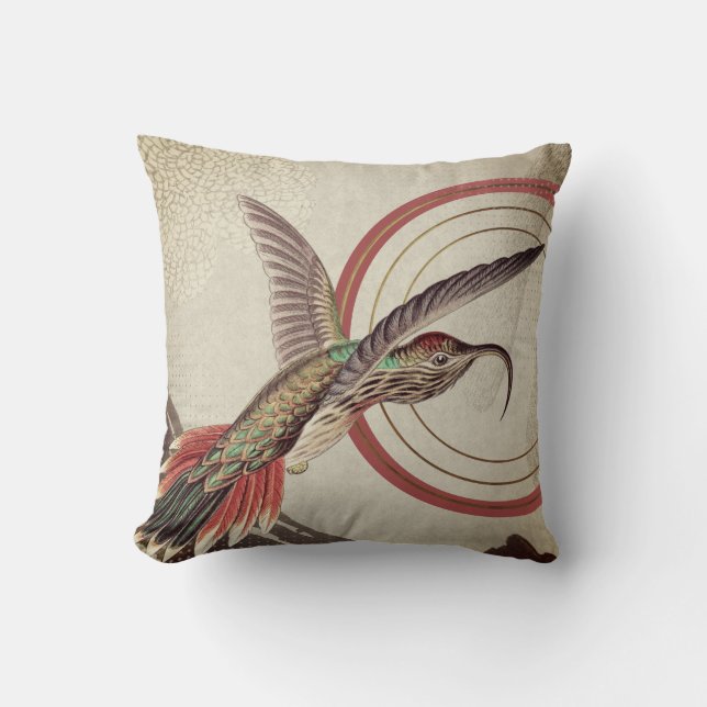 Cream & Red Hummingbird | Ernst Haeckel Inspired Throw Pillow (Front)