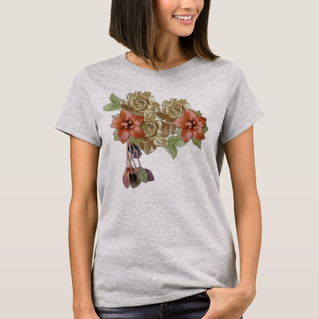 Cream & Red Leather Flowers T-Shirt (Front)