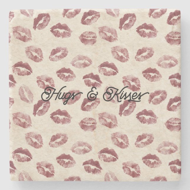Cream Red Lips Kisses Flirty Love Stone Coaster (Front)