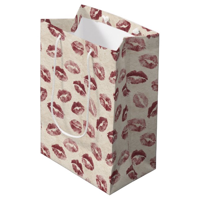 Cream Red Lips Kisses Romantic Valentine's Day Medium Gift Bag (Front Angled)