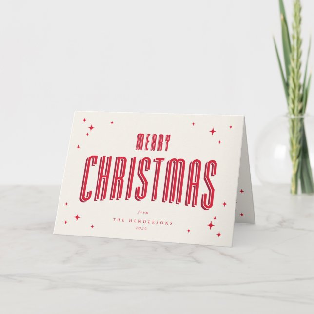 Cream+Red Merry Christmas Retro Stars Photo Holiday Card (Front)