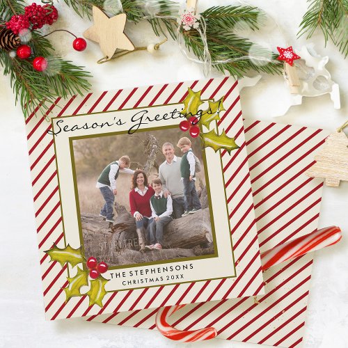 Cream Red Peppermint Stripe Holly Photo Christmas Holiday Card
