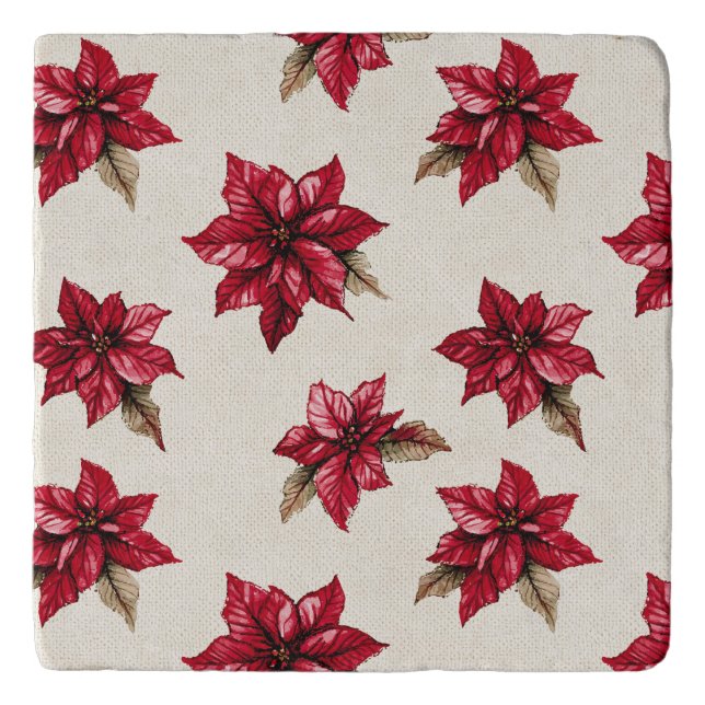 Cream Red Poinsettia Floral Christmas Trivet (Front)