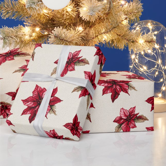 Cream Red Poinsettia Floral Christmas Wrapping Paper (Holidays)