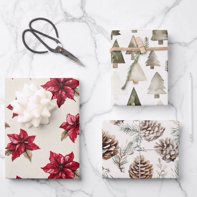 Cream Red Poinsettia Floral Christmas Wrapping Paper Sheets (Front)