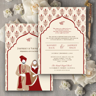Cream Red Punjabi Anand Karaj Sikh Wedding Invitation