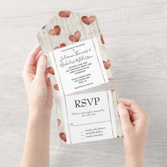 Cream Red Romantic Hearts Wedding All In One Invitation (Tearaway)