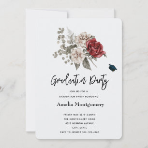 Cream & Red Rose Boho Floral Bouquet Graduation Invitation