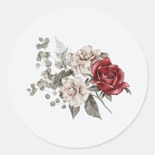 Cream  Red Rose Boho Flower Bouquet Classic Round Sticker