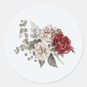 Cream & Red Rose Boho Flower Bouquet Classic Round Sticker