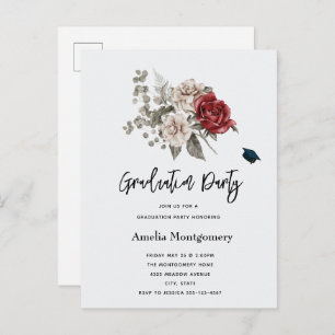 Cream & Red Rose Boho Flower Bouquet Graduation Invitation Postcard