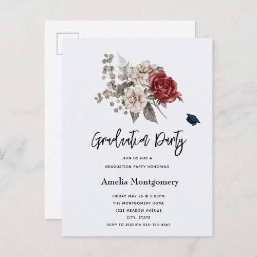 Cream  Red Rose Boho Flower Bouquet Graduation Invitation Postcard