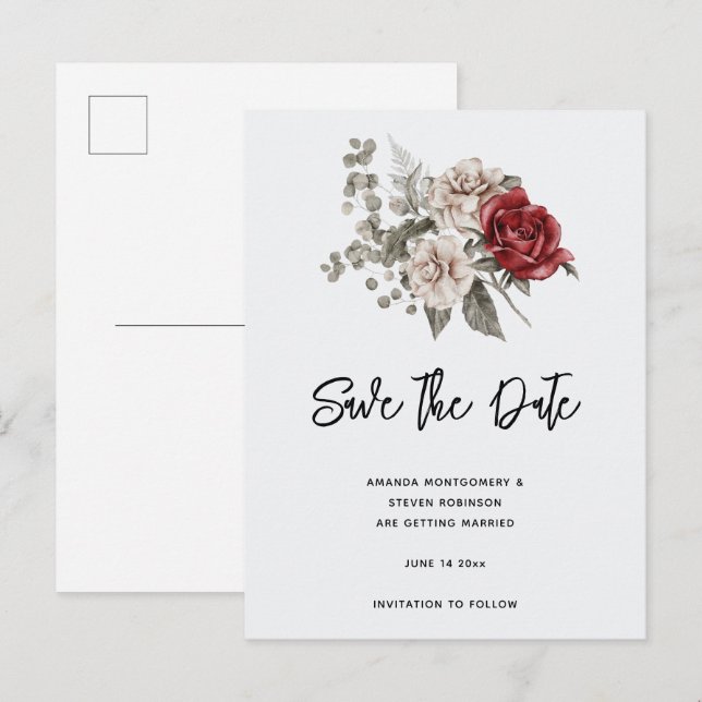 Cream & Red Rose Boho Flower Bouquet Invitation Postcard (Front/Back)