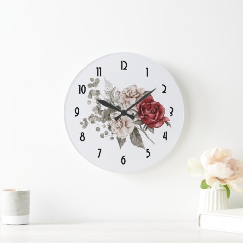  Cream  Red Rose Boho Flower Bouquet Large Clock