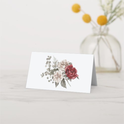 Cream  Red Rose Boho Flower Bouquet Place Card