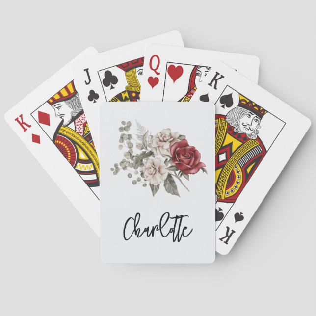 Cream & Red Rose Boho Flower Bouquet Poker Cards (Back)