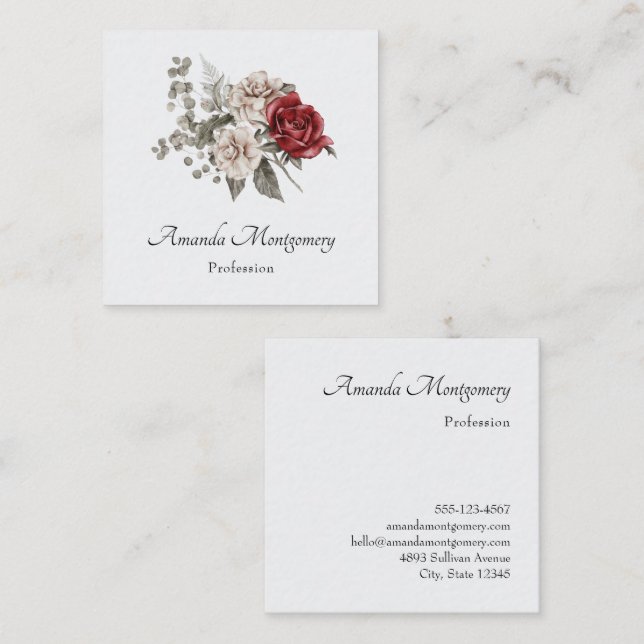 Cream & Red Rose Boho Flower Bouquet Square Business Card (Front/Back)