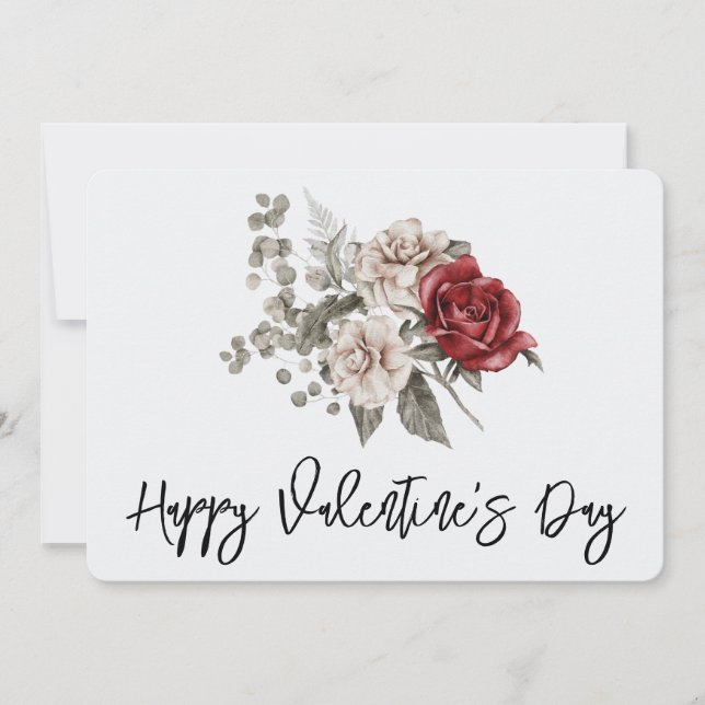 Cream & Red Rose Boho Flower Bouquet Valentine's Note Card (Front)