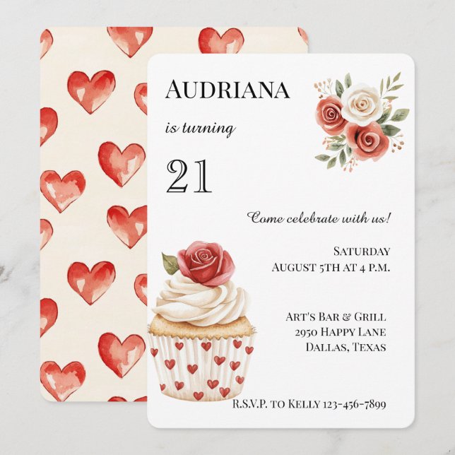 Cream Red Rose Cupcake Hearts Floral Birthday Invitation (Front/Back)