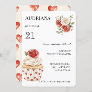 Cream Red Rose Cupcake Hearts Floral Birthday Invitation