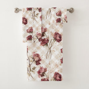 Cream Red Roses Flowers Bath Towel Set
