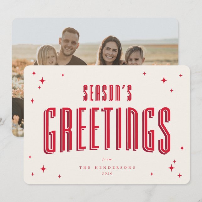 Cream+Red Season's Greeting Retros Stars Photo Holiday Card (Front/Back)