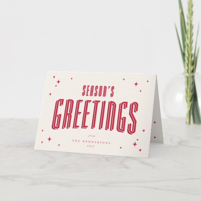 Cream+Red Season's Greetings Retro Stars Photo Holiday Card (Front)