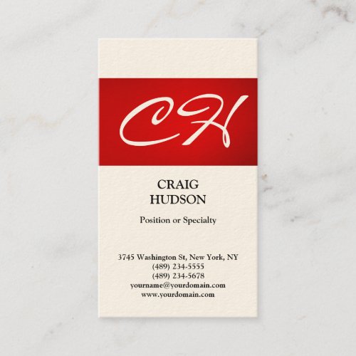 Cream Red Stripe Monogram Modern Business Card