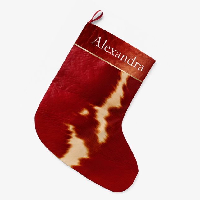 Cream Red Western Cowhide Christmas Name Large Christmas Stocking (Front (Hanging))