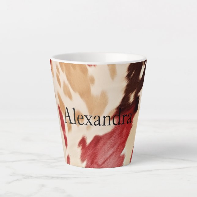 Cream Red Western Cowhide Personalized Name Latte Mug (Front)