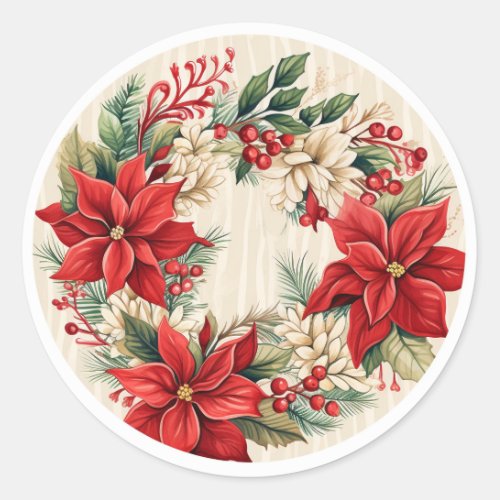 Cream  Red Winter Floral Delights Classic Round Sticker