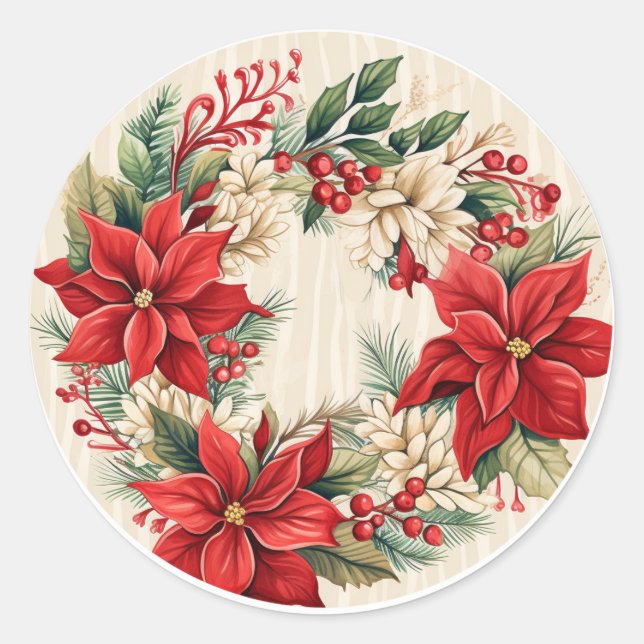 Cream & Red Winter Floral Delights Classic Round Sticker (Front)