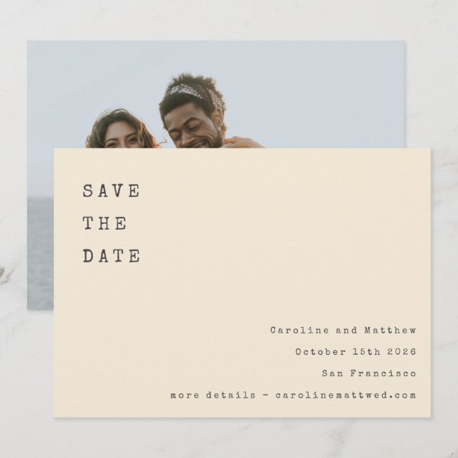 Cream Retro Typewriter Font Wedding Photo Back Save The Date (Front/Back)
