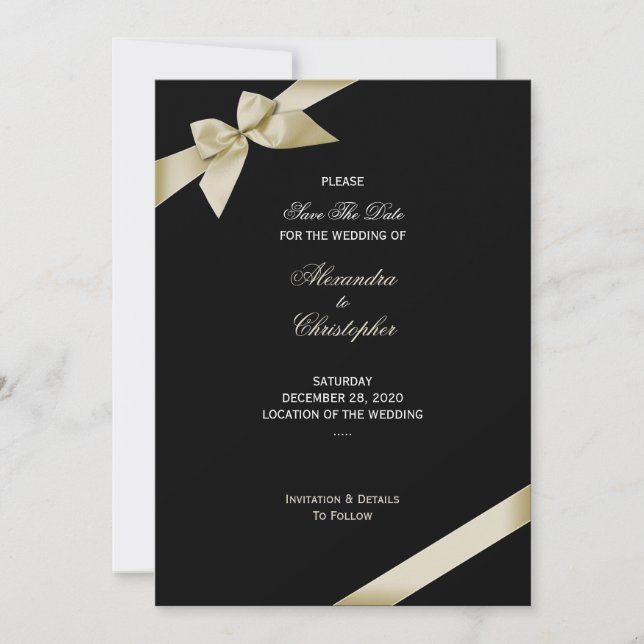 Cream Ribbon Wedding Save The Date 2 (Front)