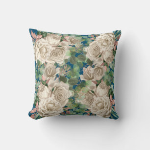 CREAM ROSE EUCALYPTUS FLORAL BOTANICAL BLUE THROW PILLOW
