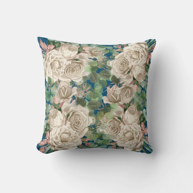 CREAM ROSE EUCALYPTUS FLORAL BOTANICAL BLUE THROW PILLOW (Front)
