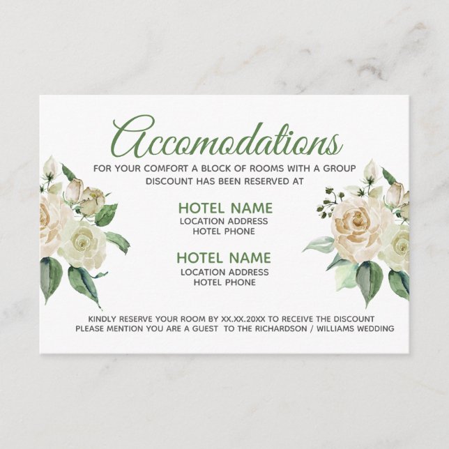 Cream Rose floral Watercolor Accommodation card (Front)