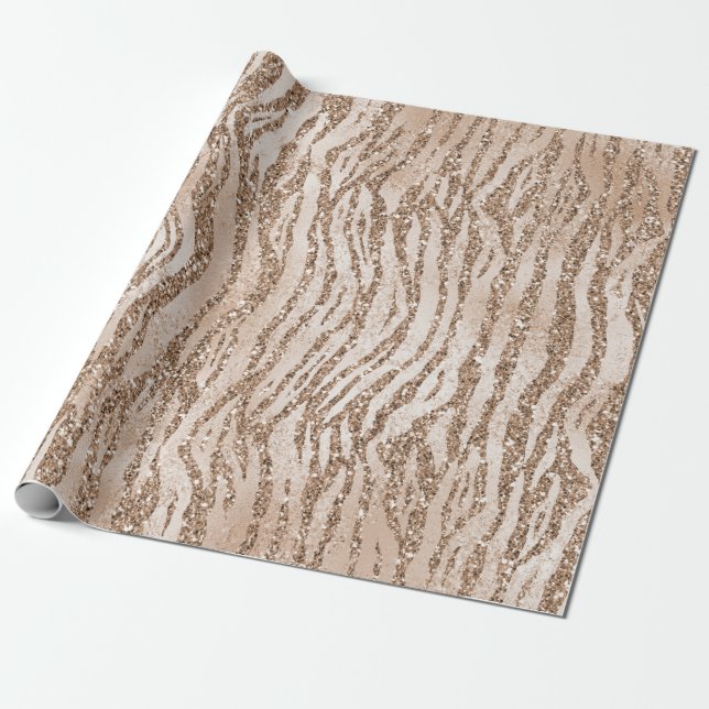 Cream Rose Gold Glitter Zebra Print Wrapping Paper (Unrolled)