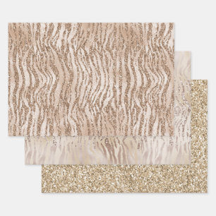 Cream Rose Gold Glitter Zebra Print Wrapping Paper Sheets