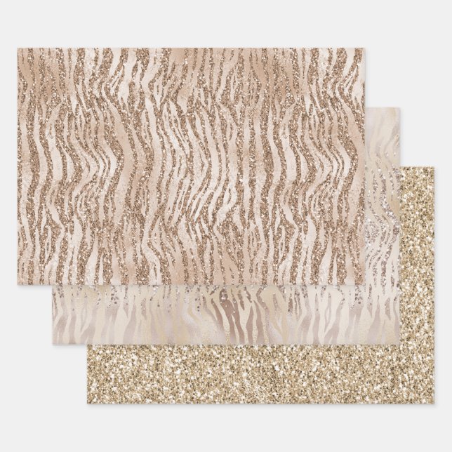 Cream Rose Gold Glitter Zebra Print    Wrapping Paper Sheets (Set)